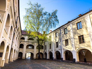 Street view of old village Vilnius in Lithuania