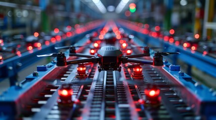 Fototapeta premium A drone is positioned on a conveyor belt surrounded by glowing red lights in a high-tech manufacturing facility