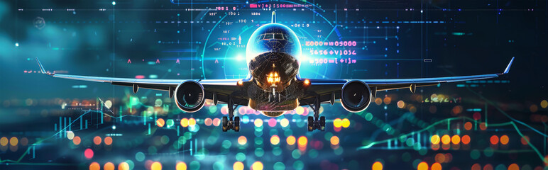 Futuristic airplane soaring in the digital sky with data visualizations, symbolizing advanced flight safety and modern air traffic control technology