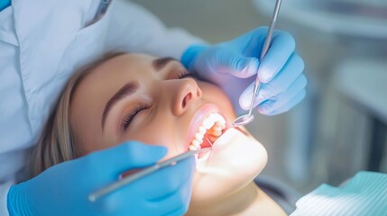 Naklejka premium Woman receiving professional dental treatment, close-up on face and dental tools, focusing on patient care