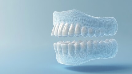 Detailed 3D wireframe model of upper and lower teeth, emphasizing dental structure and healthcare on a clean background