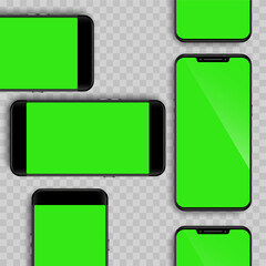 Mobile phone mockup with green screen in different positions. ENP 10. Vector graphics. Design for technology, website, advertising display