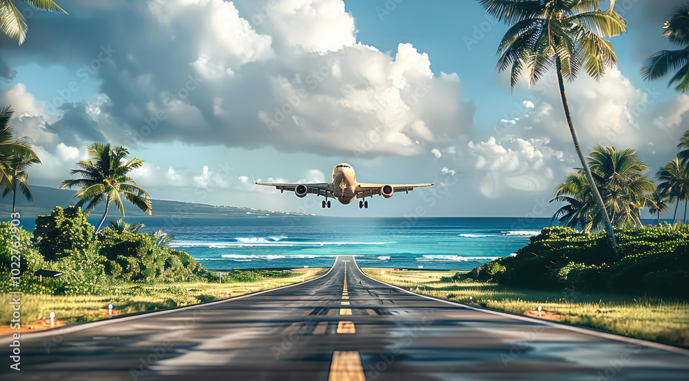Poster A close-up of a runway with an airplane taking off during the day, Palm trees and the ocean serve as the background.