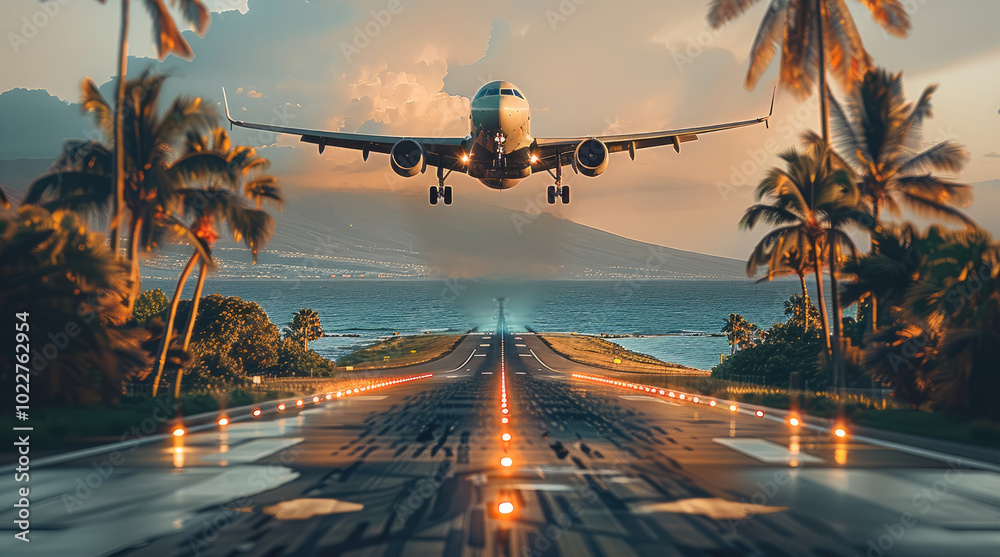 Poster A close-up of a runway with an airplane taking off during the day, Palm trees and the ocean serve as the background.