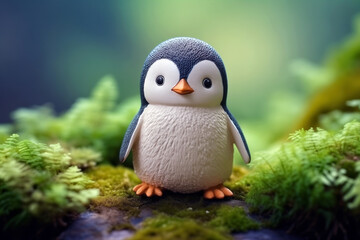 Small toy penguin on mossy ground. Background with selective focus and copy space
