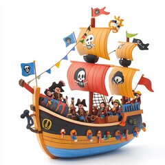 Naklejka premium A cartoon pirate ship with a jolly crew and waving flags on a white background