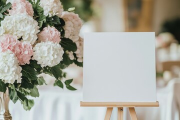 elegant mockup of easel with blank white canvas near white and pink hydrangea flowers 