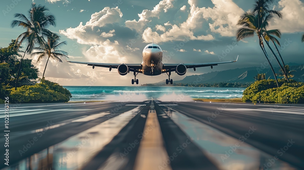 Poster A close-up of a runway with an airplane taking off during the day, Palm trees and the ocean serve as the background.