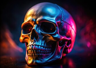 Sinister Side View of a Grinning Skull with an Evil Smile Against a Dark and Mysterious Background