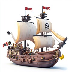 Naklejka premium A cartoon pirate ship with a jolly crew and waving flags on a white background