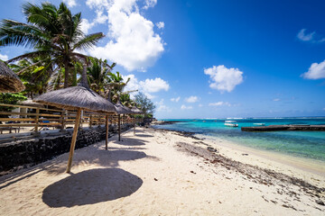 Beautiful postcard view of a tropical beach at Blue Bay, Mauritius, lined with coconut trees and crystal clear turquoise waters