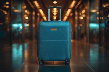 A sleek suitcase with a handle stands in a brightly lit airport terminal with golden reflections