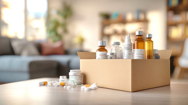 Cardboard box filled with various medical products on a table in a living room, showcasing essential health items for home care