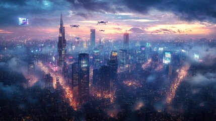 Obraz premium A futuristic city skyline at dusk with drones and vibrant lights amidst clouds.