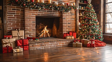 Cozy holiday atmosphere with brick fireplace, Christmas tree, and gifts in warmly lit living room