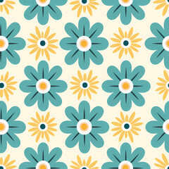 Geometric Flower Pattern with Yellow and Blue Flowers on Cream Background for Scrapbooking and Gift Wrap