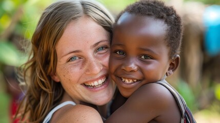 Fototapeta premium A woman is hugging a child with a smile on her face