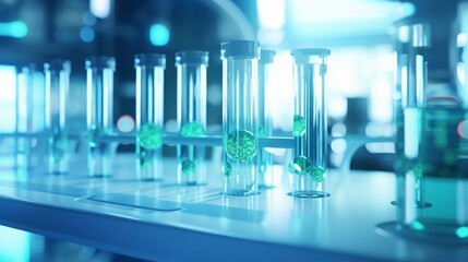 Many test tubes in modern laboratory interior in light blue colors. Neural network ai generated art