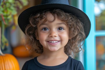 Little girl wearing a black witch hat and a black dress. She is smiling and looking at the camera. happy smiling toddler girl wearing a witch hat in a cheerful Halloween setting