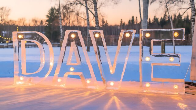 Large illuminated letters spelling out name Dave during winter sunset