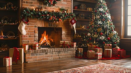 Cozy living room with brick fireplace, Christmas tree, and presents creating festive atmosphere