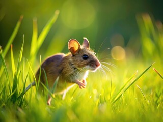 Small Field Mouse Scurrying Through Green Grass in a Natural Habitat, Cute Wildlife in Nature
