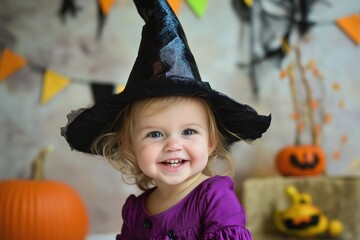 Little girl wearing a black witch hat and a black dress. She is smiling and looking at the camera. happy smiling toddler girl wearing a witch hat in a cheerful Halloween setting