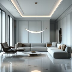 Fototapeta premium Interior design, modern living room, shiny marble or wooden floor, white ceiling, grey walls.