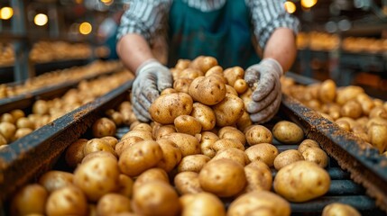 Workers sort through freshly harvested potatoes at a facility, preparing them for distribution during the busy harvest season