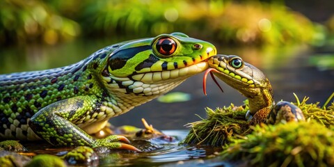Fototapeta premium Snake Hunting and Consuming a Bullfrog in Natural Habitat, Showcasing Nature's Predator-Prey Dynamics