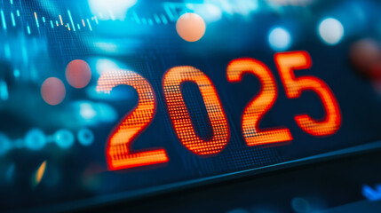 Bright digital countdown display showing the year 2025 with a vibrant blue and orange background in a modern setting