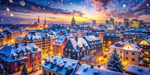 Fototapeta premium Snow-covered cityscape at dusk with illuminated buildings and soft falling snowflakes in winter