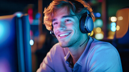 Stylish male customer service worker in headset providing late-night support to surprised female customer in a call center environment