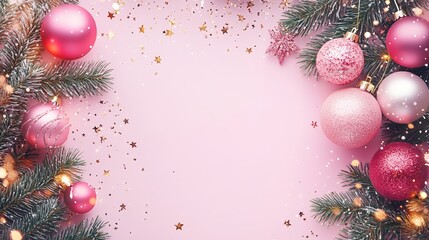 Festive New Year Celebration Scene with Colorful Decorations on Soft Pink Background