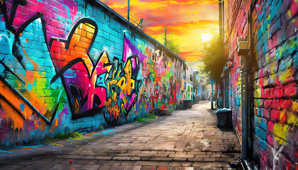 Vibrant street art alleyway during sunset showcasing colorful murals and a lively urban atmosphere