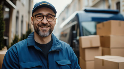 A delivery driver smiles while standing next to stacked boxes on a busy urban street in the morning