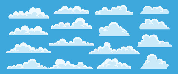 Cartoon cloud illustration in flat design collection.cartoon fluffy white cloud on a sky blue background. clip art cloud element set