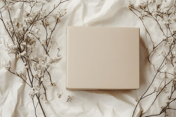 Minimalist flat-lay of a plain cardboard box on light-colored parchment paper. Simple packaging mockup.