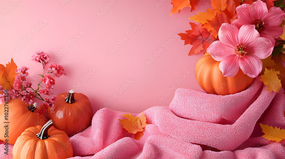 Wall mural A pink background features orange and pink flowers, pumpkins on the left, and a pink towel on the right