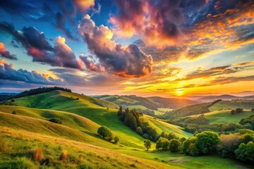 Soft Pastel Aesthetic Landscape with Gentle Hills, Clouds, and a Serene Sky at Sunset or Sunrise