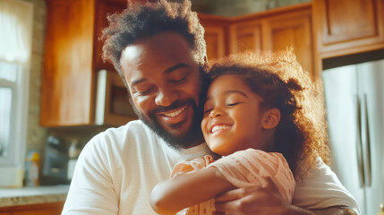 A joyful father-daughter moment in the kitchen celebrating Earth Day with laughter and love in a cozy home environment
