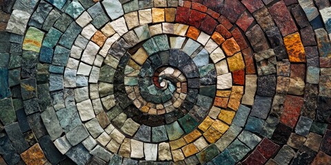 Fototapeta premium A stunning spiral mosaic design crafted from colorful stone tiles. This artwork showcases vibrant hues and patterns. Perfect for decor, art projects, or architectural inspiration. AI