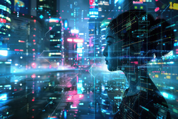 close up horizontal illustration of a futuristic cybernetic virtual reality with a young girl immersed in it