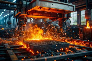 Hard work. Factory, industry, metallurgy. Casting of liquid steel from a ladle during the casting process in a foundry. Metal production.