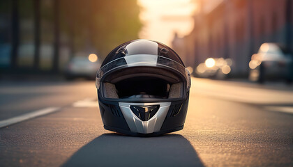 Fototapeta premium Motorcycle Helmet on Empty Street