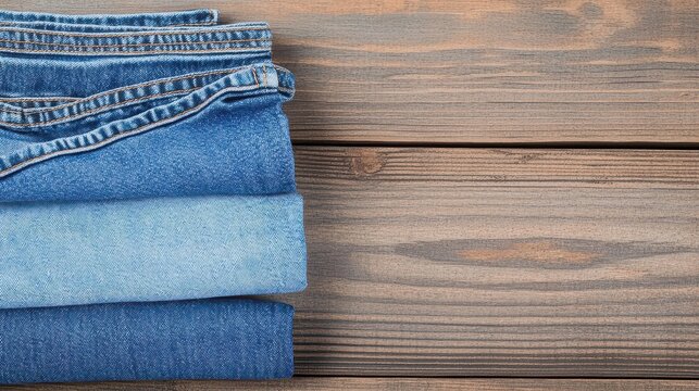 A stack of folded denim jeans on a rustic wooden background, showcasing different shades of blue fabric.