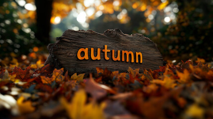 Engraved Wooden Autumn Sign Amidst Vibrant Fall Foliage - Seasonal Forest Background With Colorful Leaves
