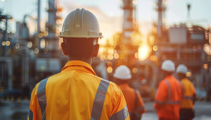 Group of construction workers wearing orange safety jackets and yellow hard hats, standing in front of an industrial building under construction. manager leading a team of construction professionals