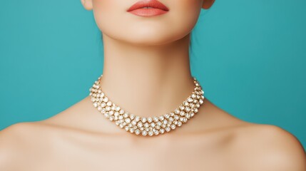A close-up of a woman's neck showcasing a stunning pearl necklace against a vibrant turquoise background.