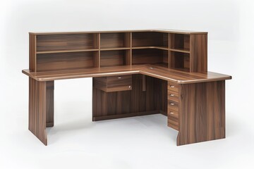 Modern wooden corner desk with shelves and drawers suitable for home office use